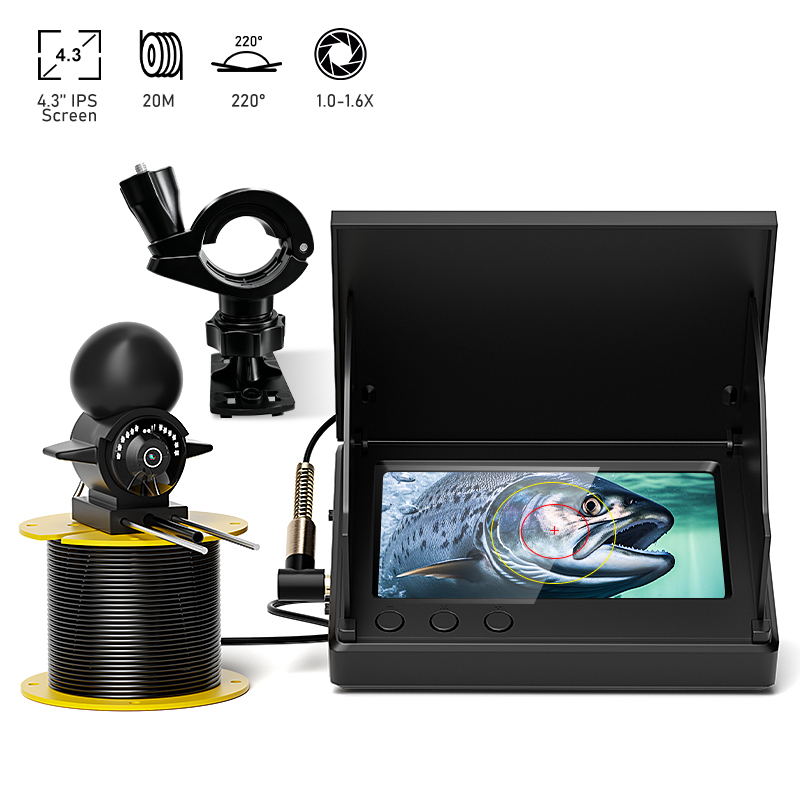 Fishing Depth Finder - 4.3インチLCDポータブル魚群探知機、20m水中カメラ、水深220メートル対応 ° 夜間視界付きの湖氷魚観察用視野角調整機能
